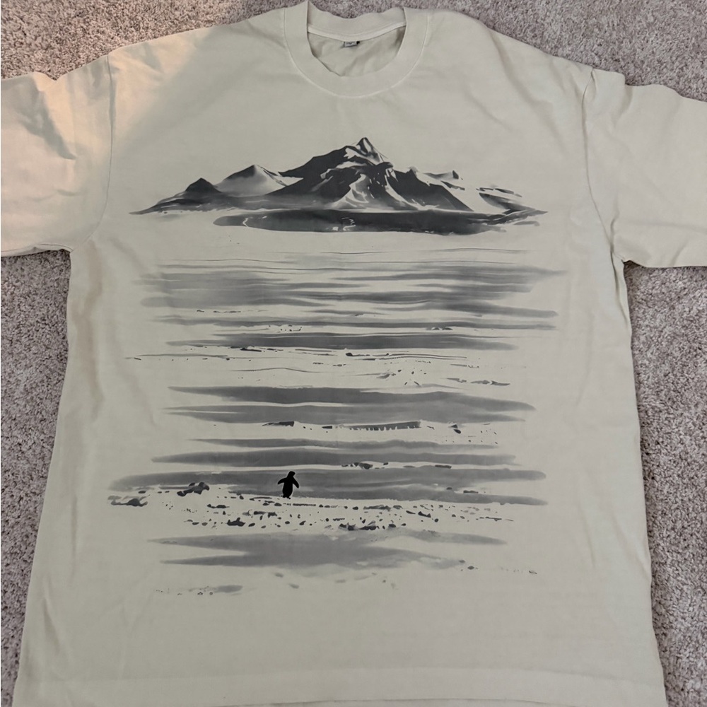 Men's Graphic T-Shirt in Cream & Gray featuring mountains and small penguin